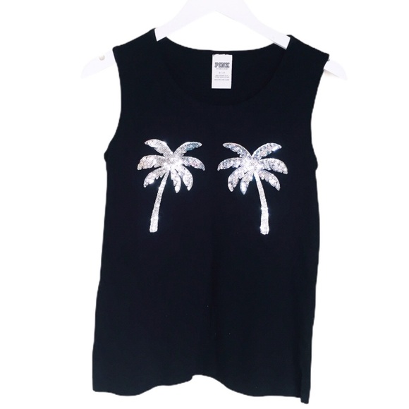 PINK Victoria’s Secret Bling Campus Palm Tree Sequin Detail Tank Black Sz Small - Picture 5 of 9